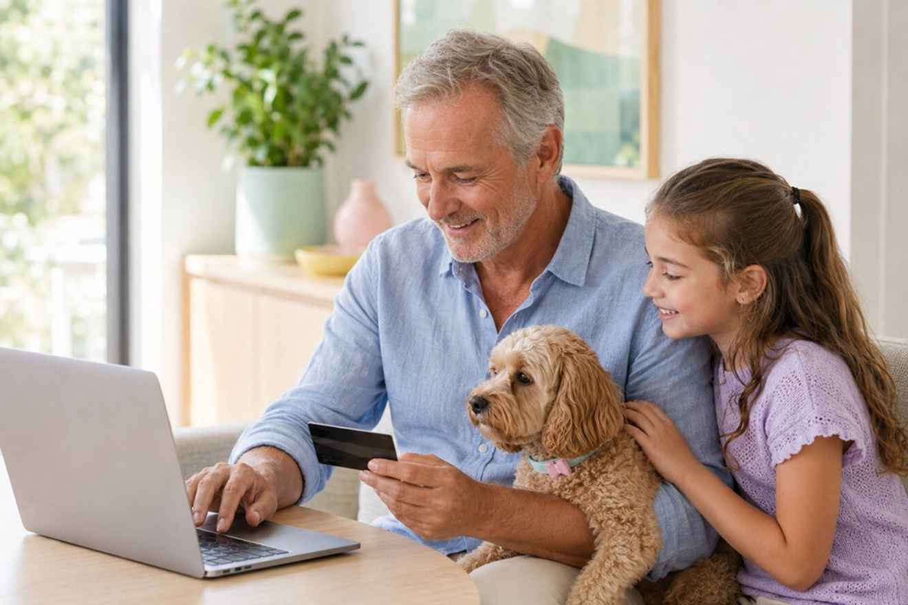 Family reviewing an online pet booking on a laptop