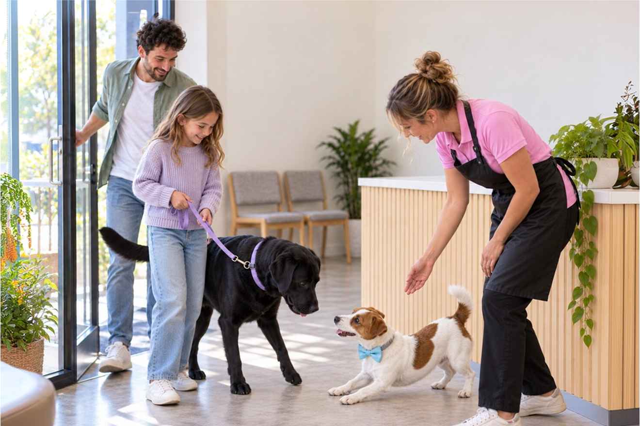 Pet business staff welcoming a family and their dogs