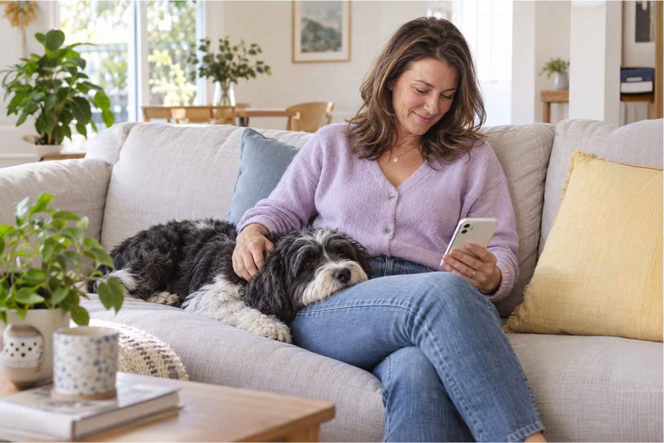 Pet owner completing a form on a tablet beside a dog