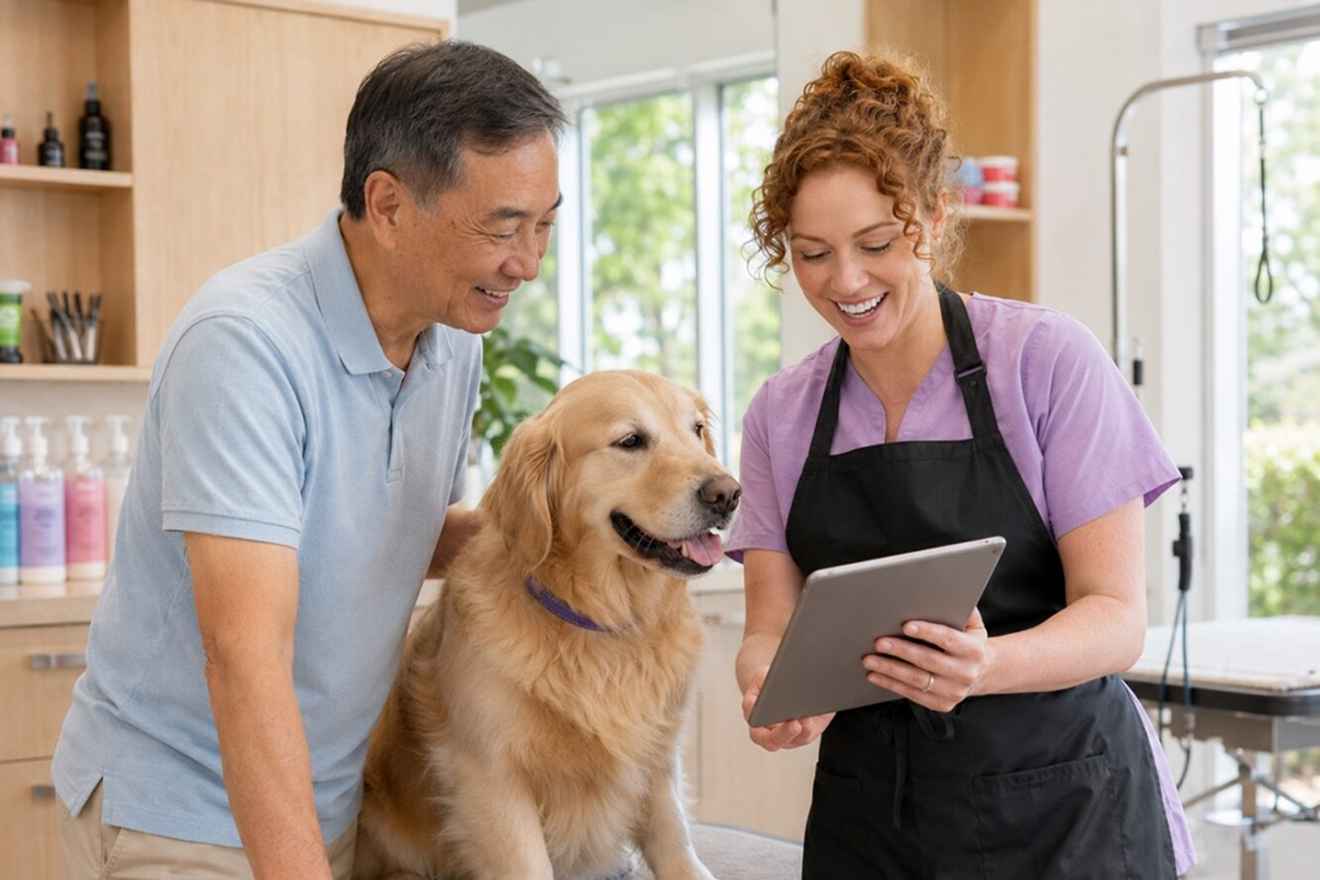 Groomer and pet owner completing a consultation