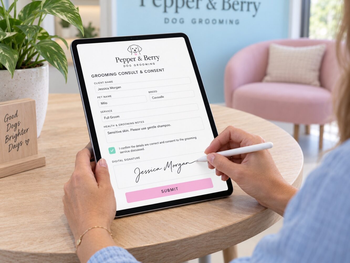 Signed pet consultation agreement on a tablet