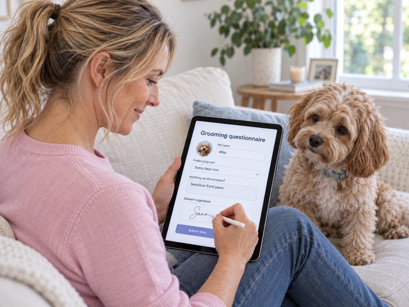 Pet owner completing a consultation form on a phone