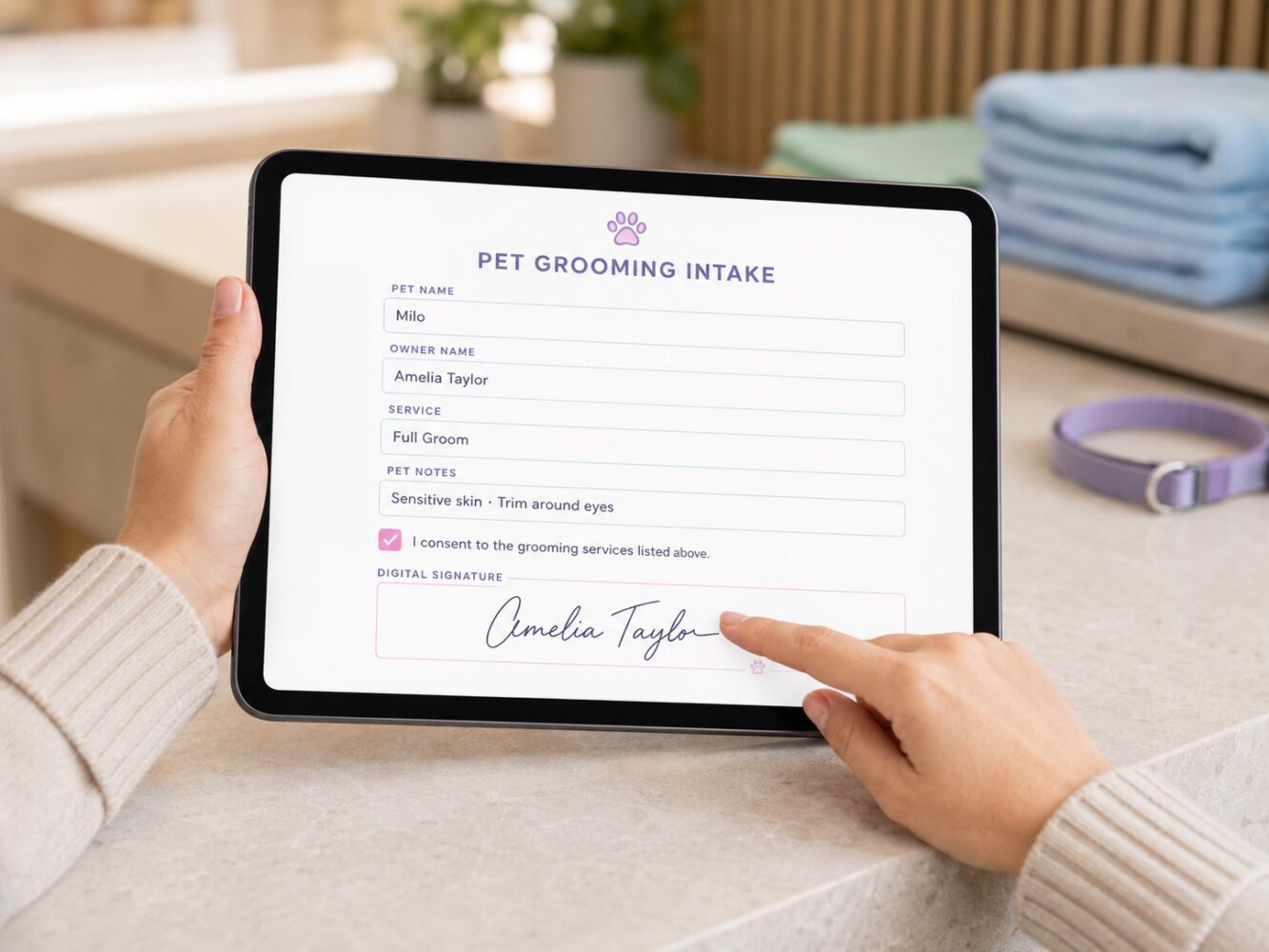 Signed pet consultation agreement on a tablet