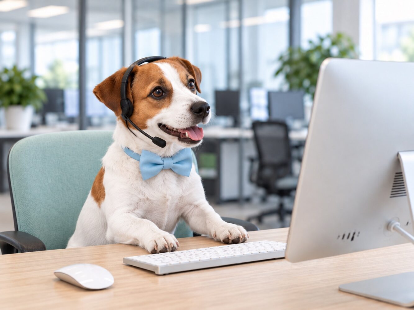 Neko dog mascot using a computer