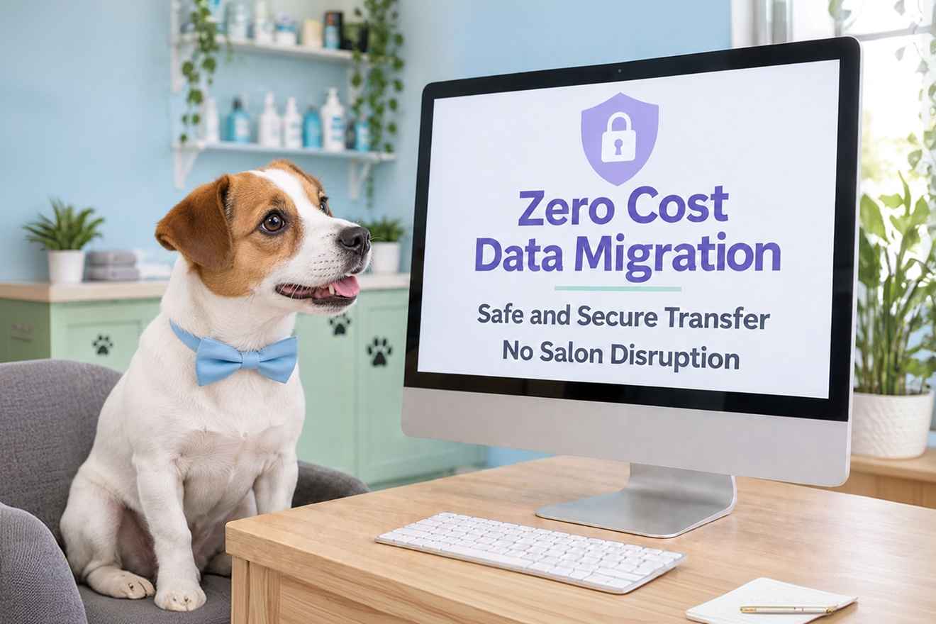 Data migration illustration with a dog beside a computer
