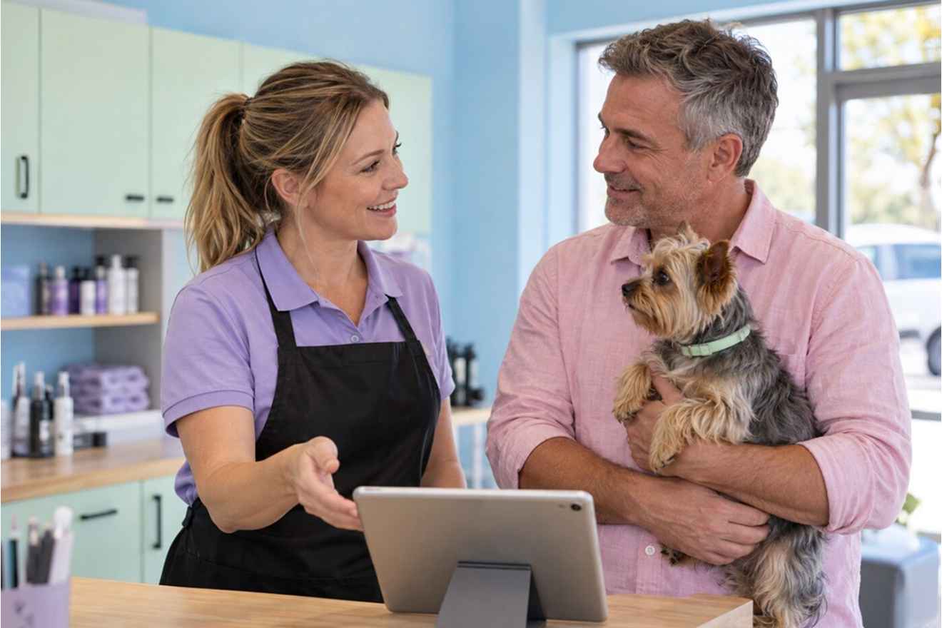 Pet groomer consulting with a dog owner