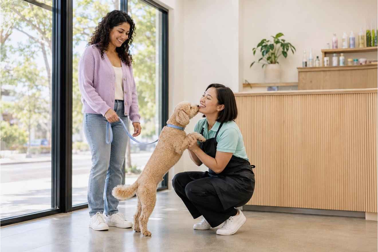 Pet owner checking in a dog at daycare reception