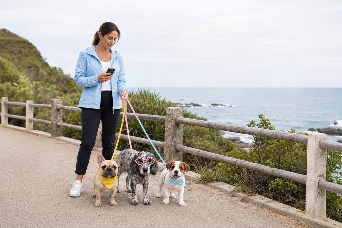 Pet owner using a phone while walking dogs