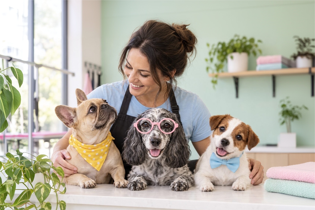 Pet business owner reviewing a laptop beside three dogs