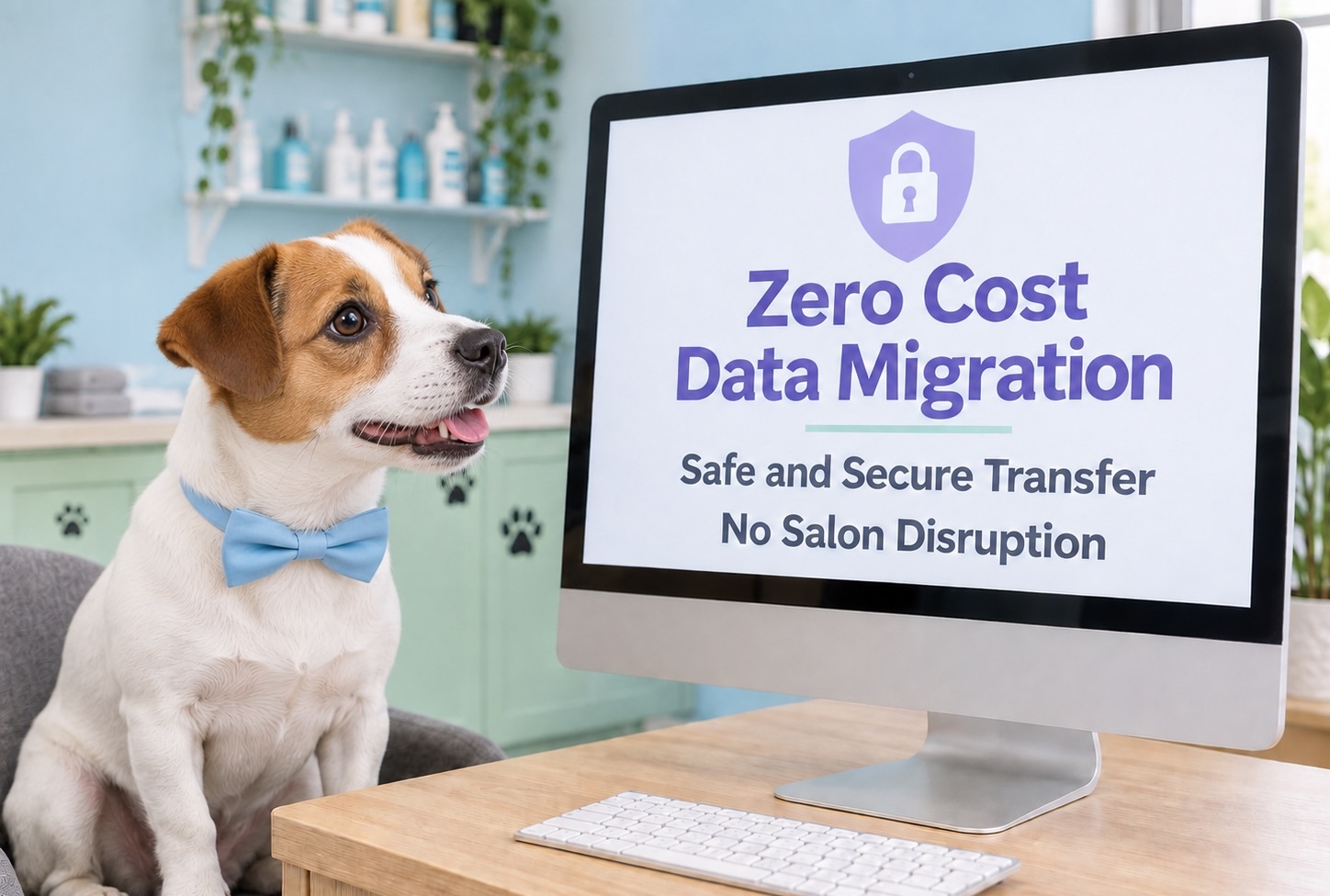 Data migration illustration with a dog beside a computer