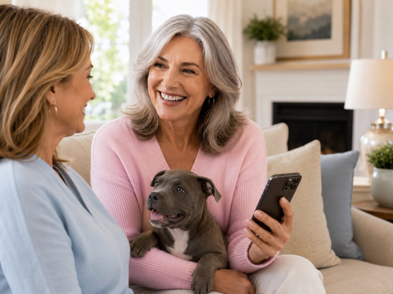 Pet owners using phones beside their dogs