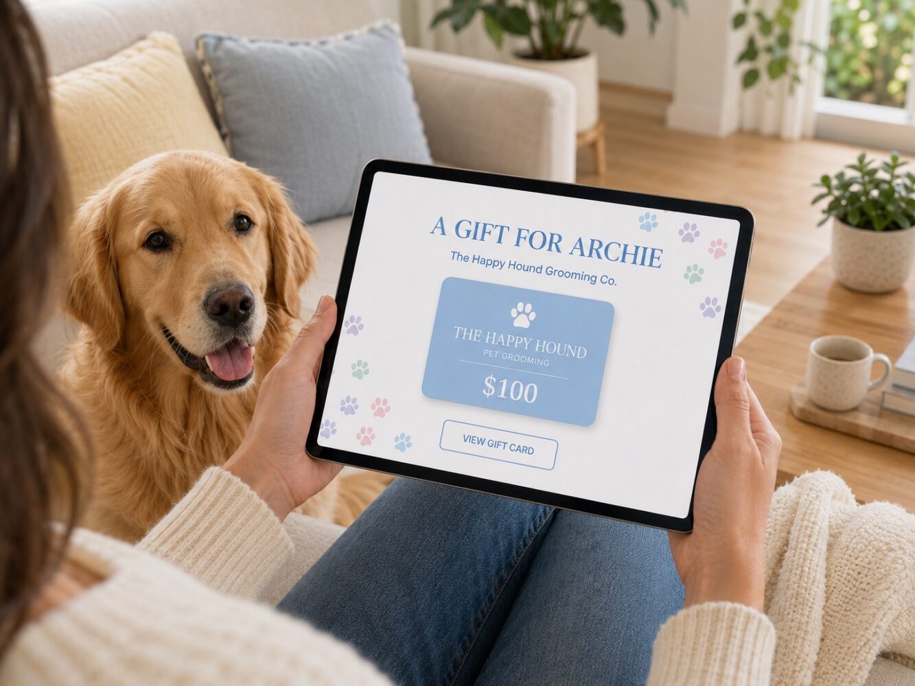 Digital pet business gift card displayed on a tablet