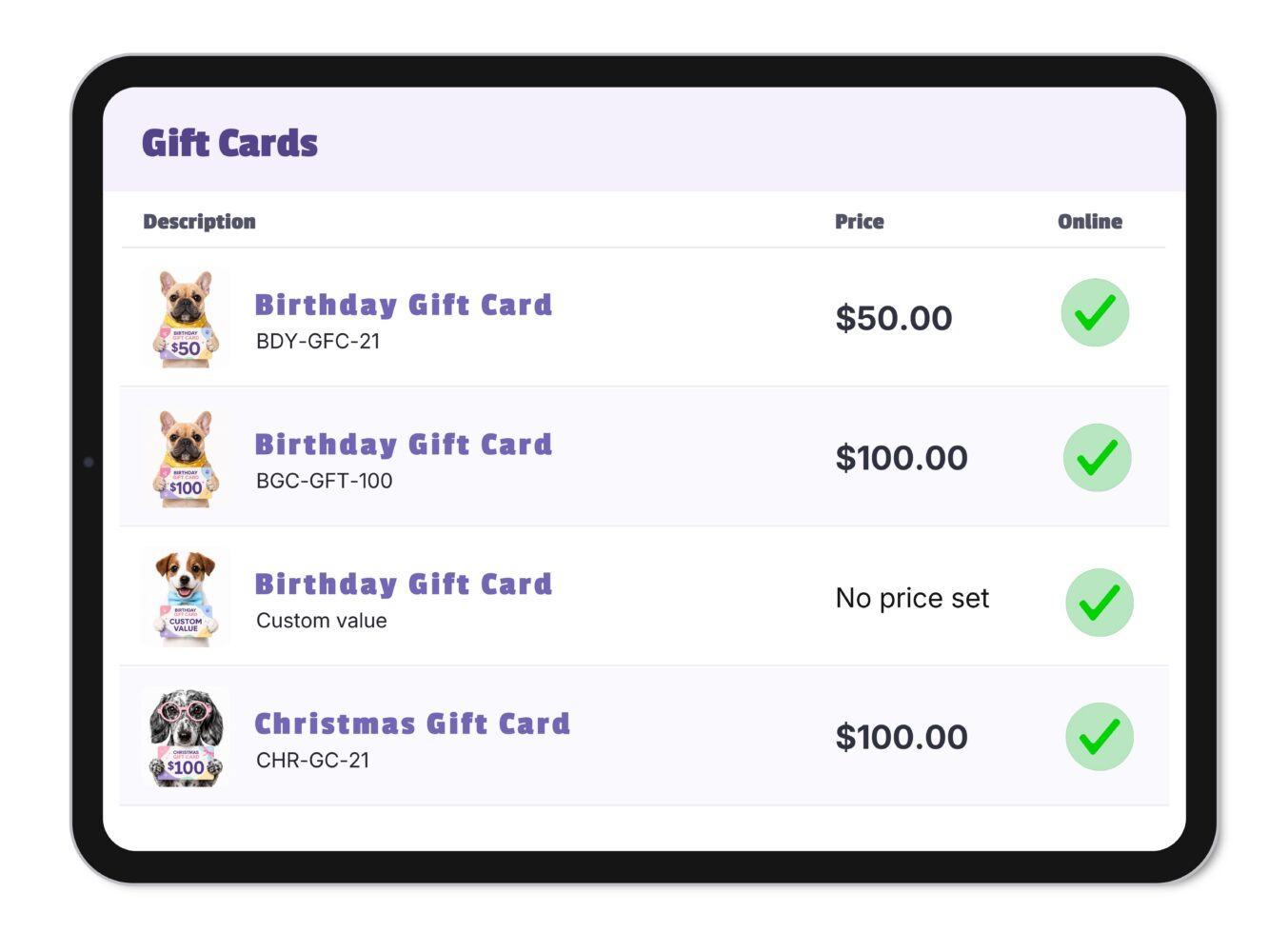 Neko gift card list screen
