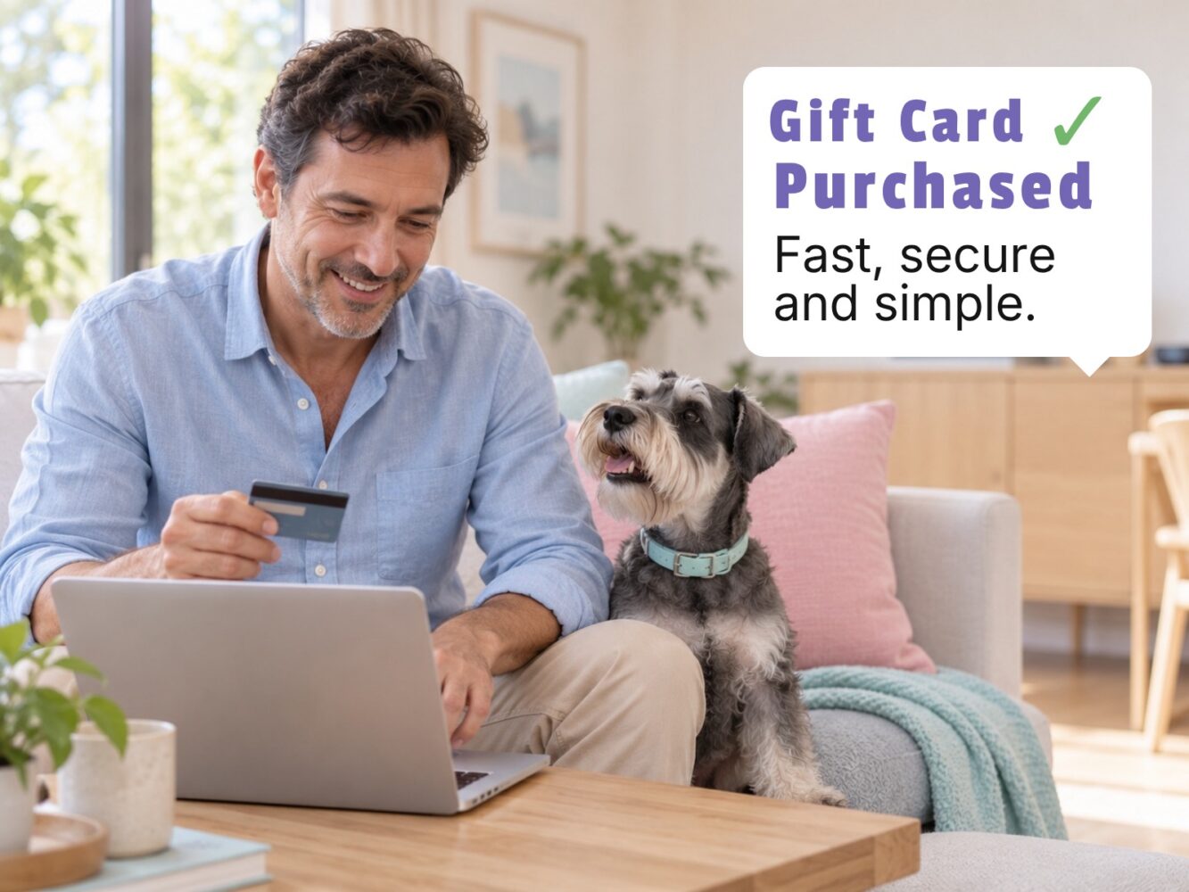 Pet owner buying a gift card online beside a dog