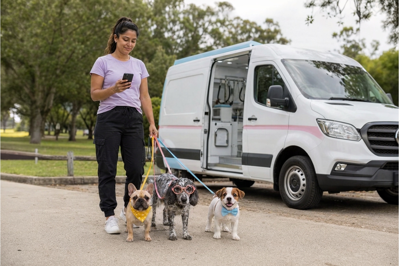 Mobile pet grooming team outside a van with dogs