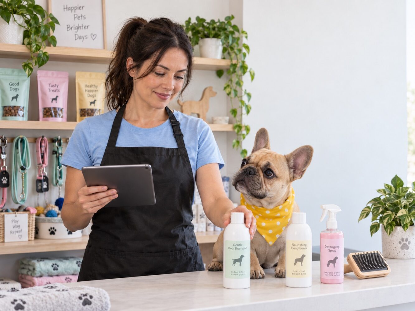 Pet business staff checking stock on a tablet