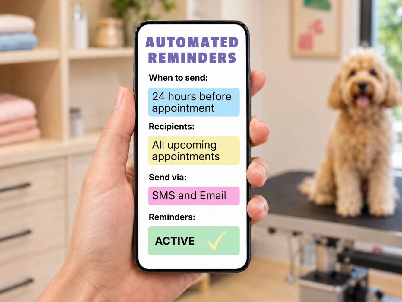 Automated pet appointment reminder settings on a phone
