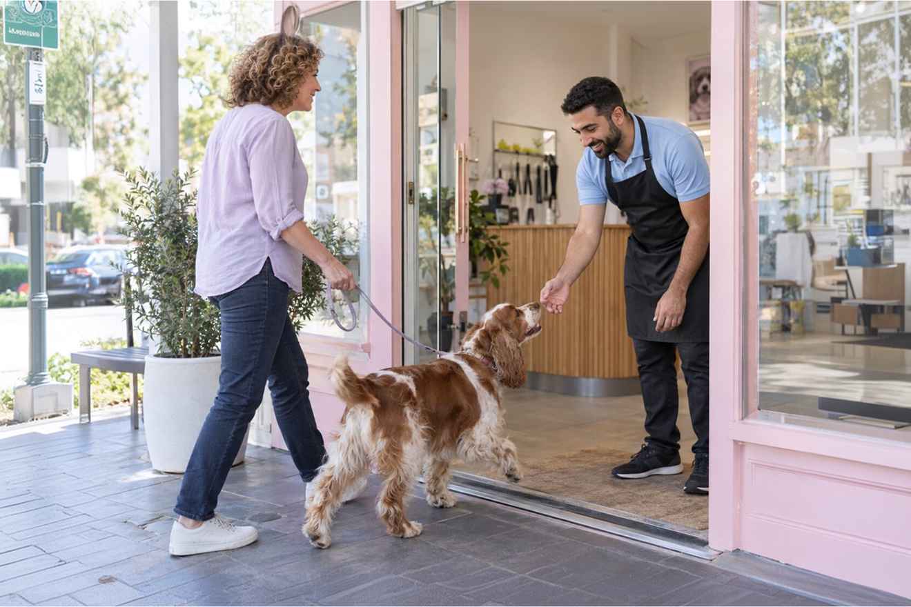 Pet owner arriving at a grooming salon with a dog