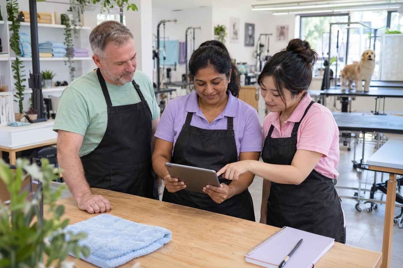 Pet business team reviewing bookings on a tablet