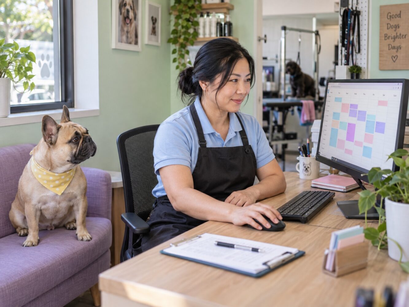Pet groomer checking an appointment calendar beside a dog