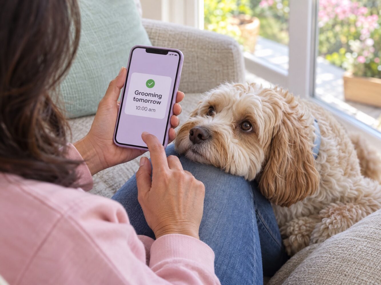 Pet owner booking on a phone beside a dog