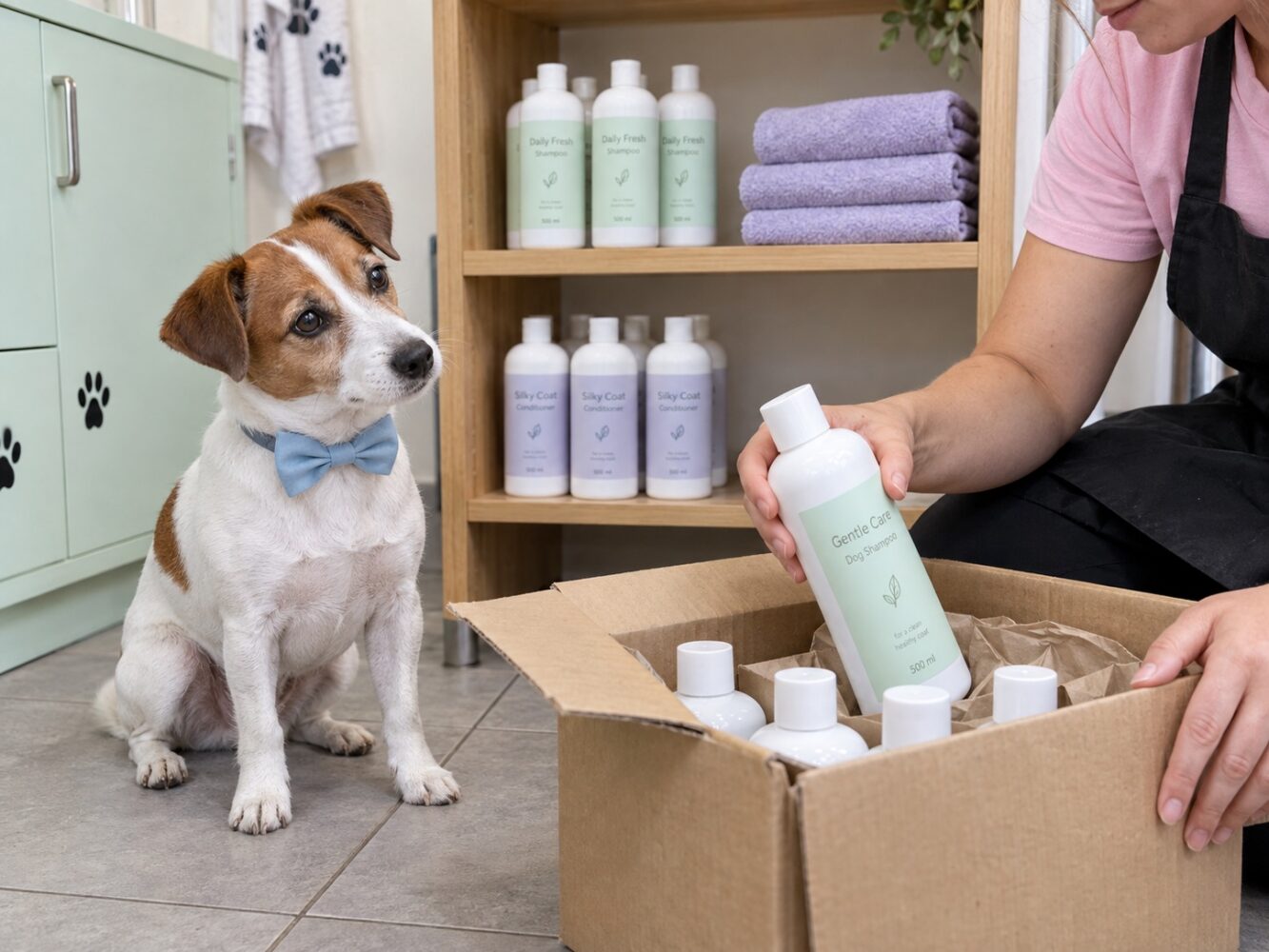 Pet business stock delivery with products and a dog