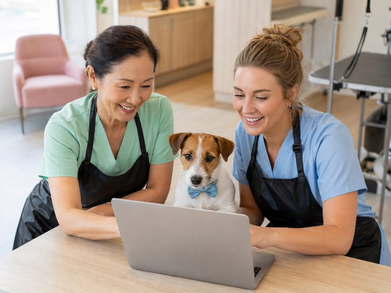 Pet business staff reviewing customer records together