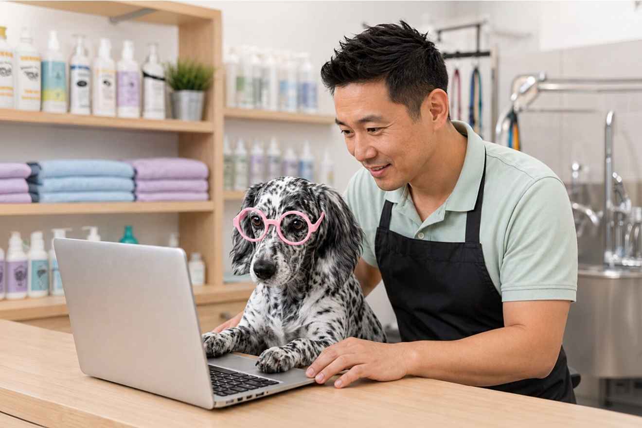 Pet business owner reviewing a computer beside a dog