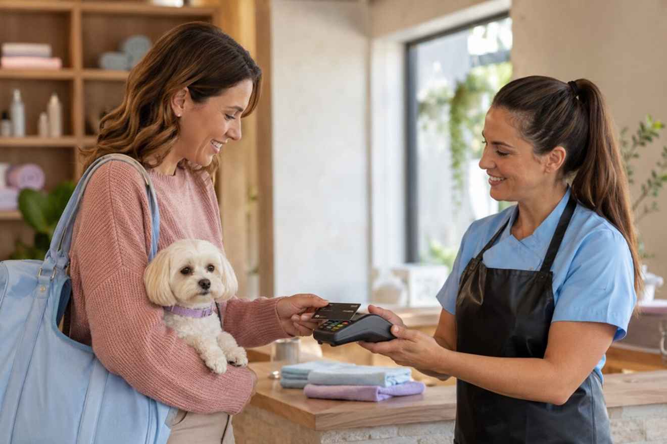Pet groomer helping a dog owner at checkout