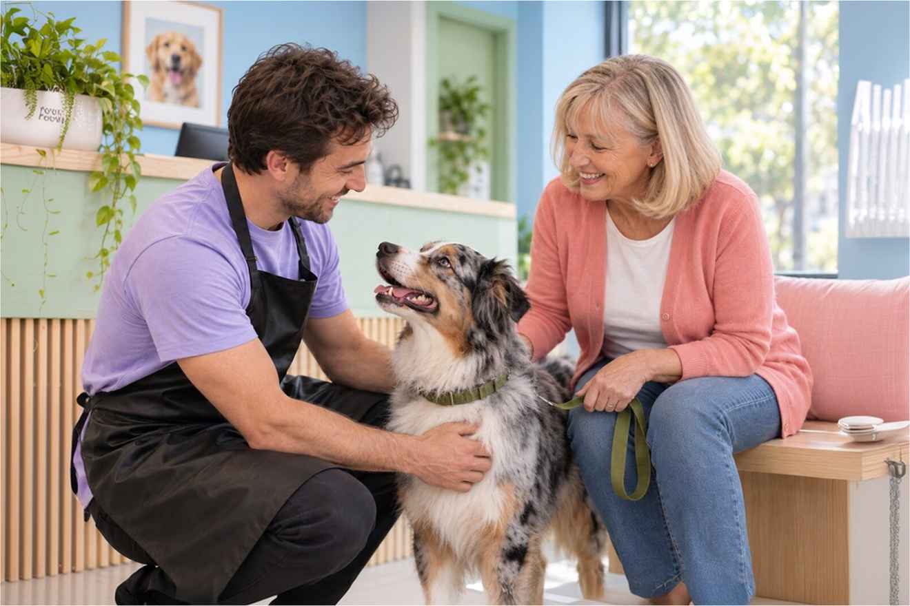 Groomer reviewing a dog's details with its owner