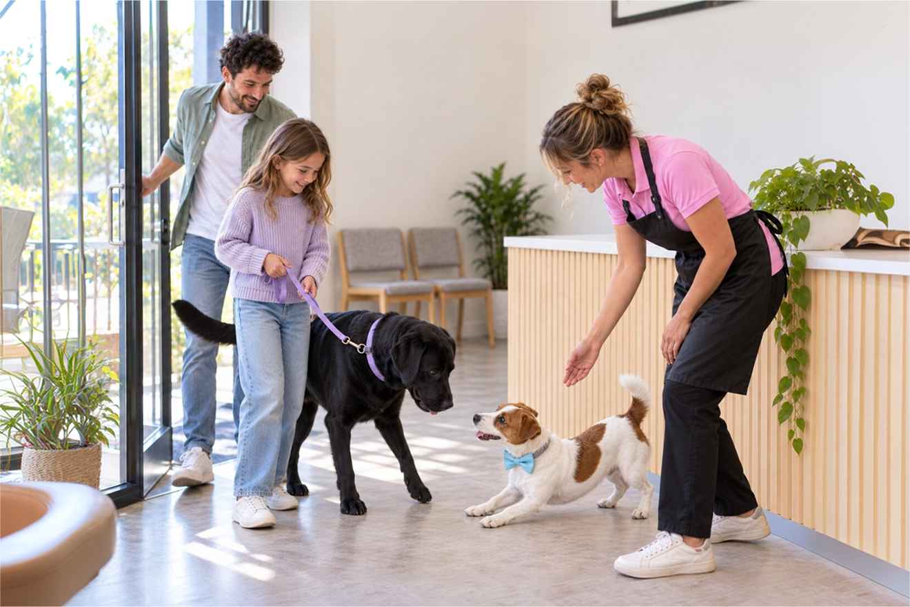 Pet business staff welcoming a family and their dogs