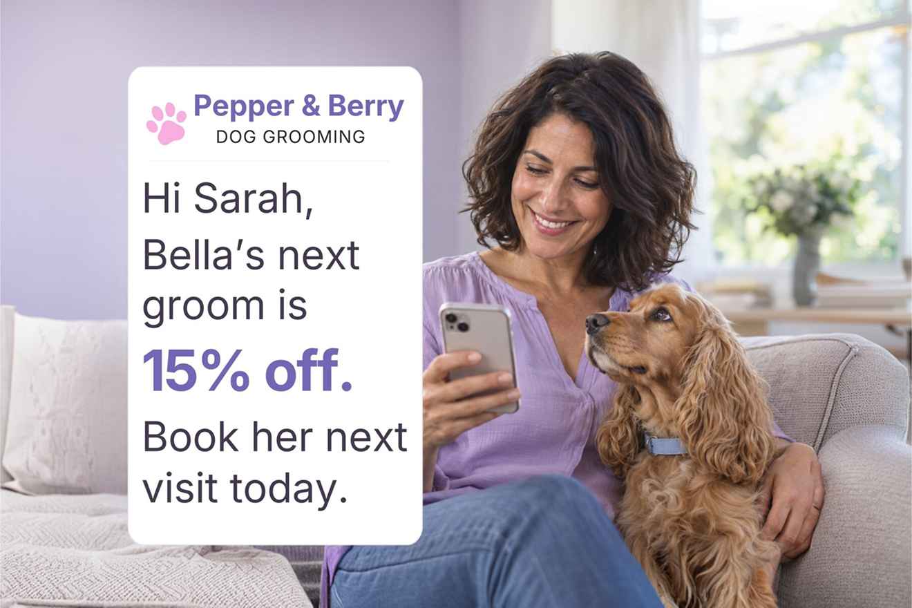 Pet owner reading a grooming offer text message