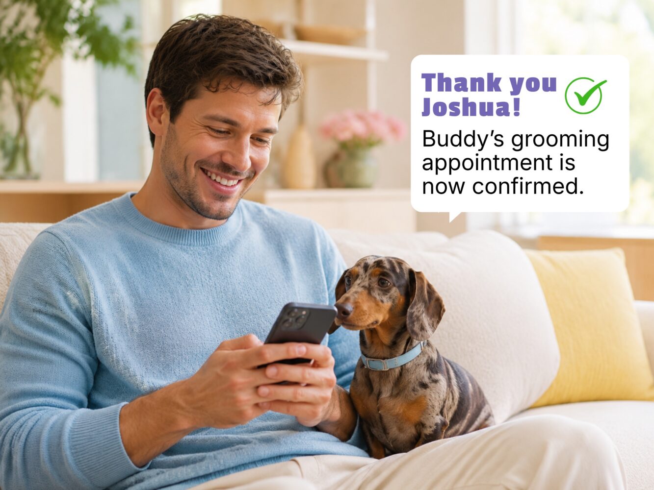 Pet owner reading an appointment confirmation text