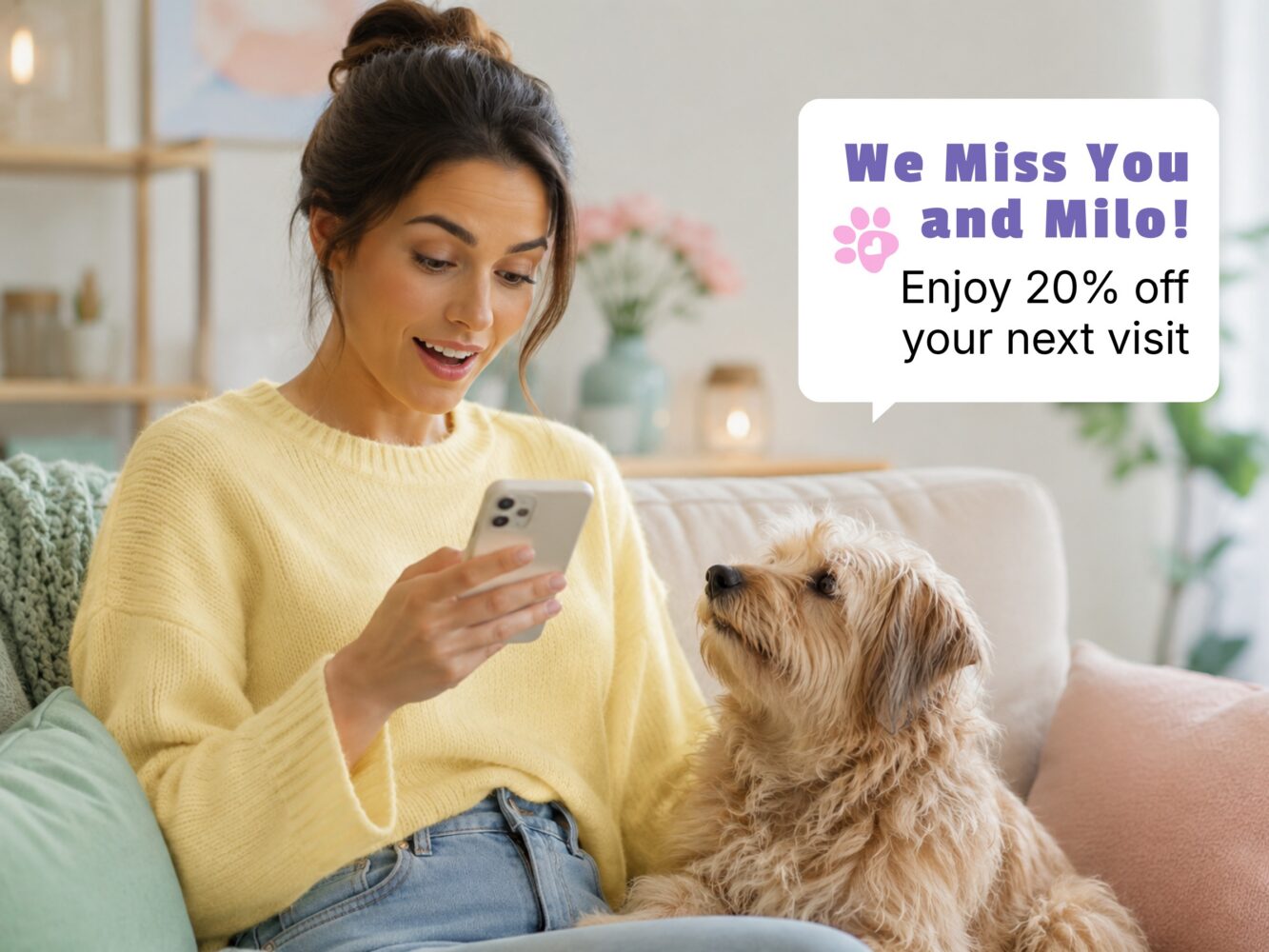Pet owner receiving a welcome-back text offer