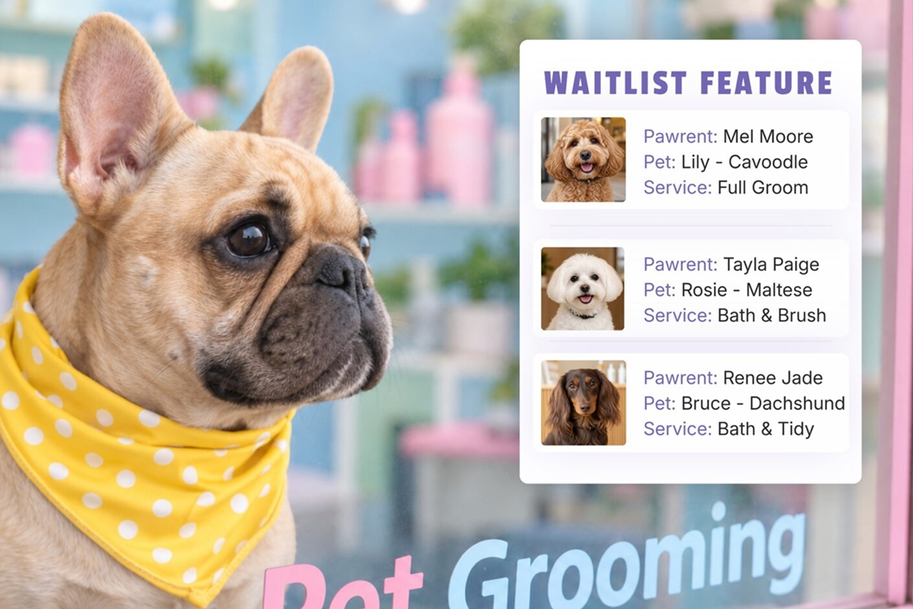 Neko waiting list screen beside a dog