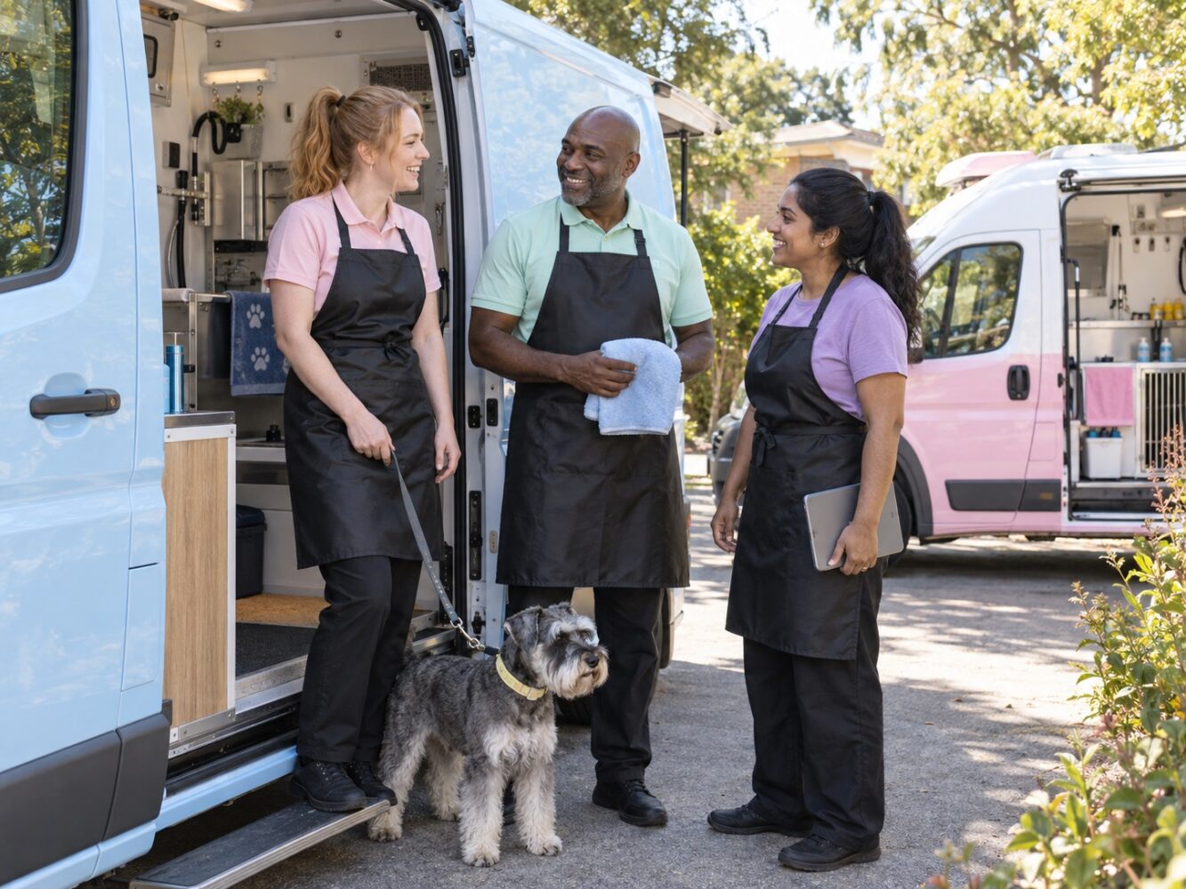 Mobile pet grooming team discussing their work