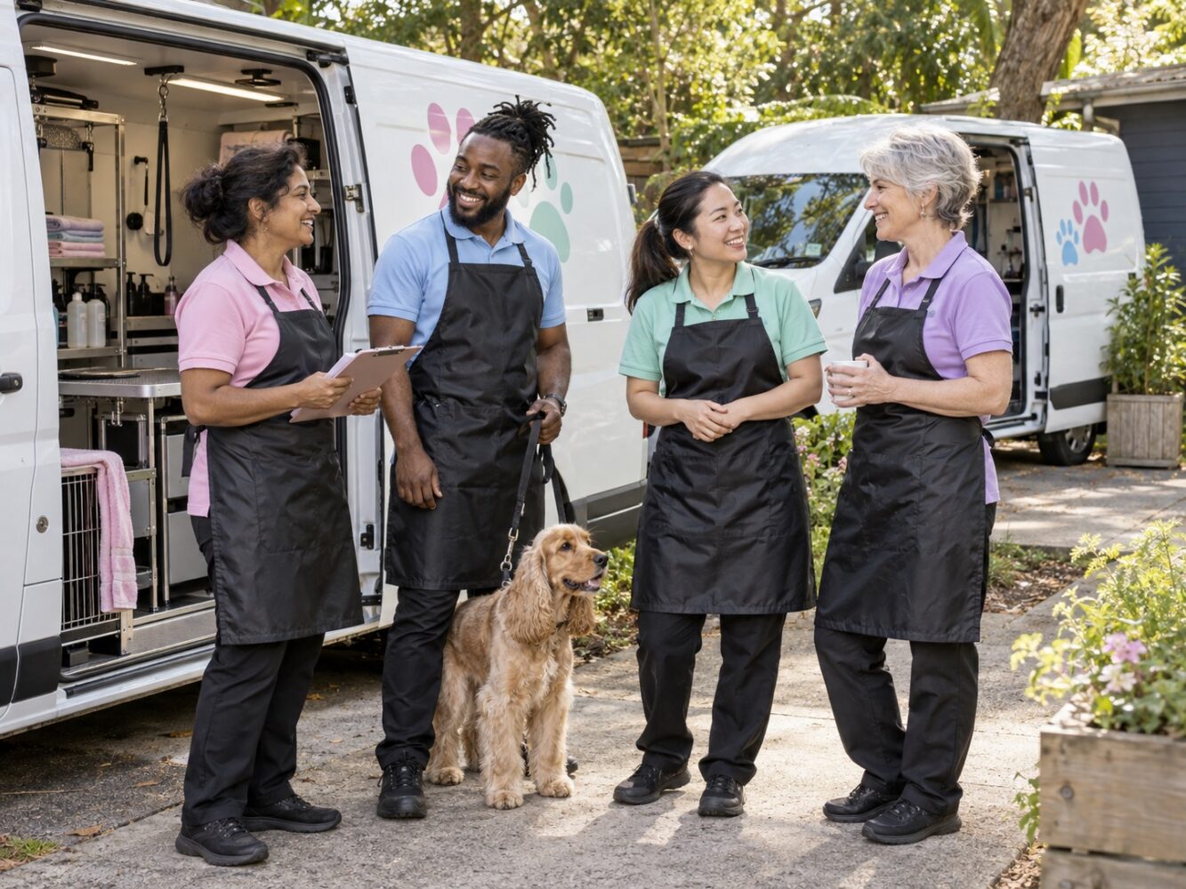 Mobile pet grooming team discussing their work