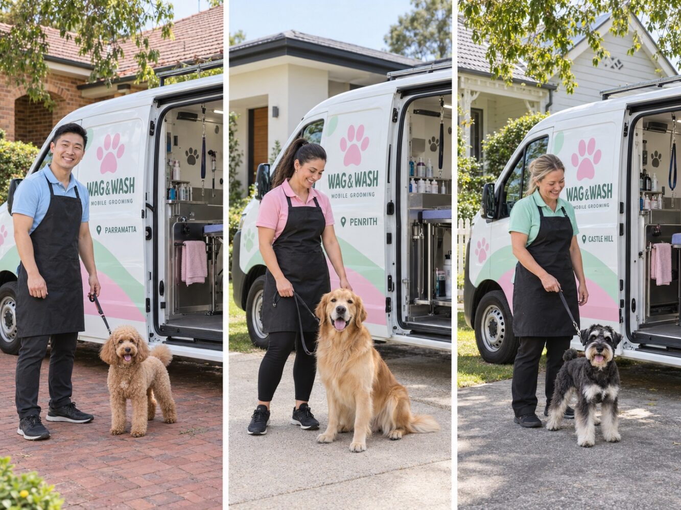 Mobile pet grooming team outside a van with dogs