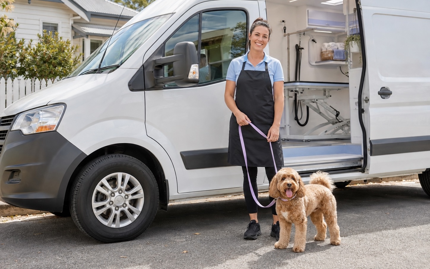 Mobile pet groomer beside a grooming van
