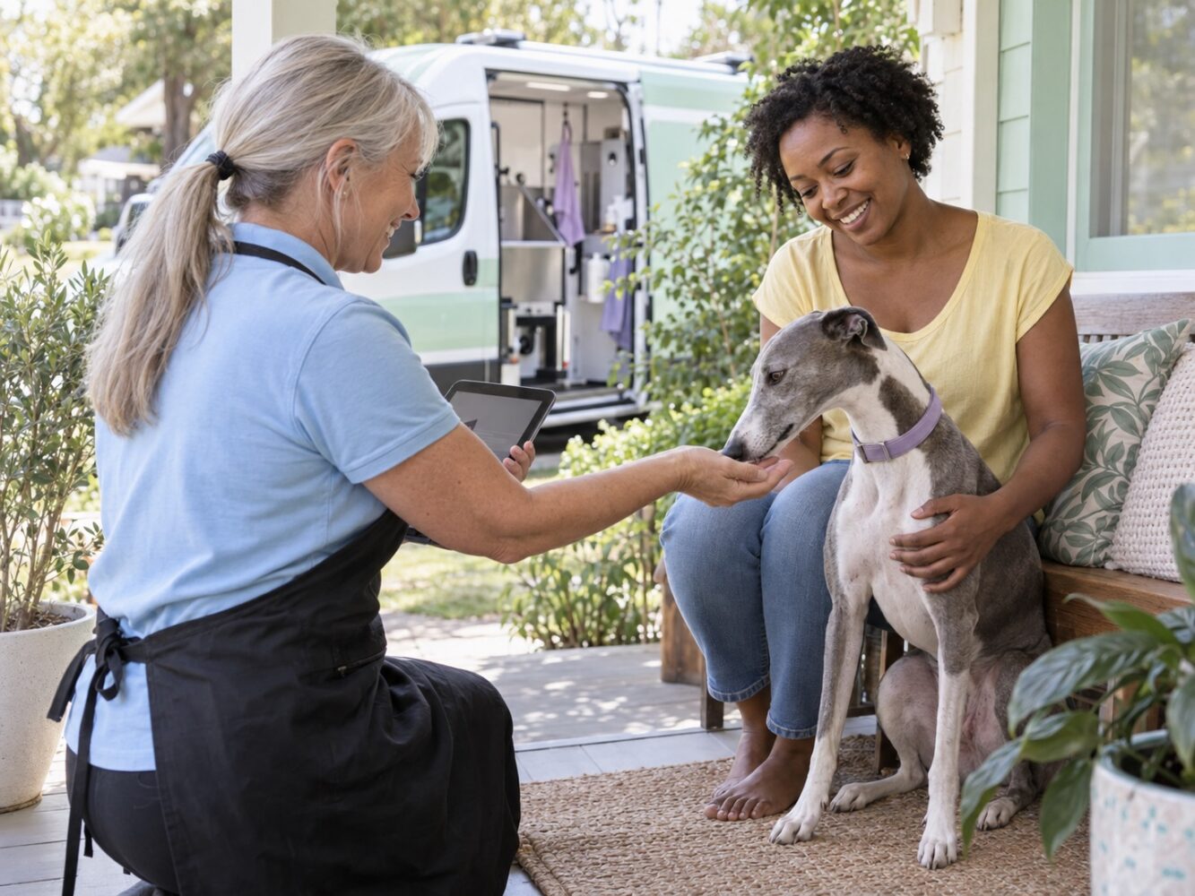 Mobile groomer consulting with a dog owner