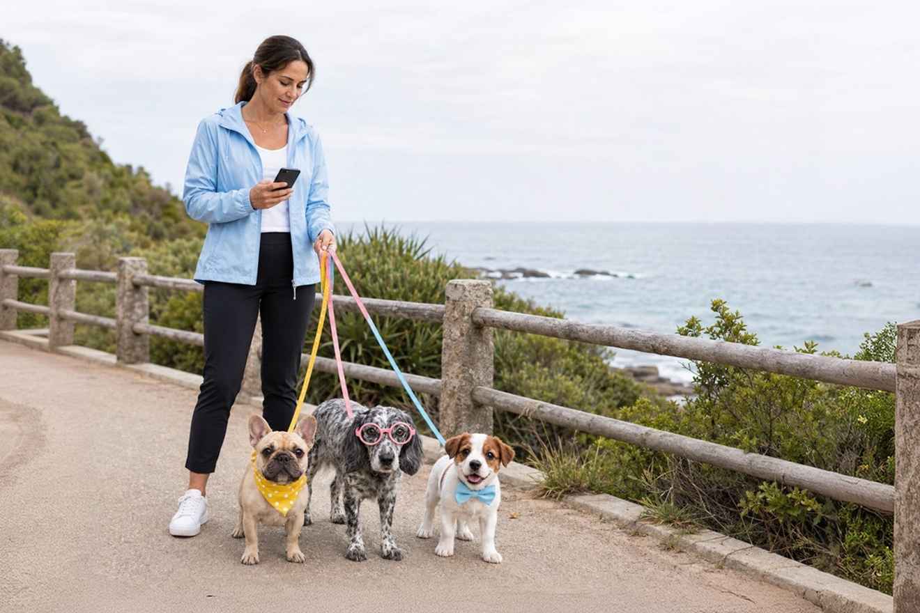 Pet owner using a phone while walking dogs