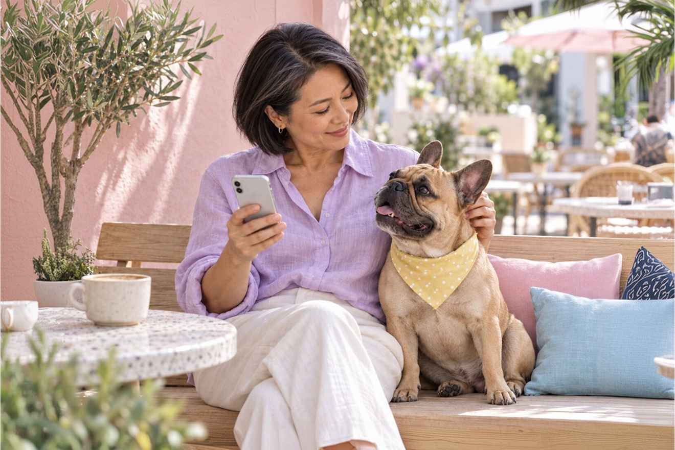 Pet owner using a phone in a grooming salon
