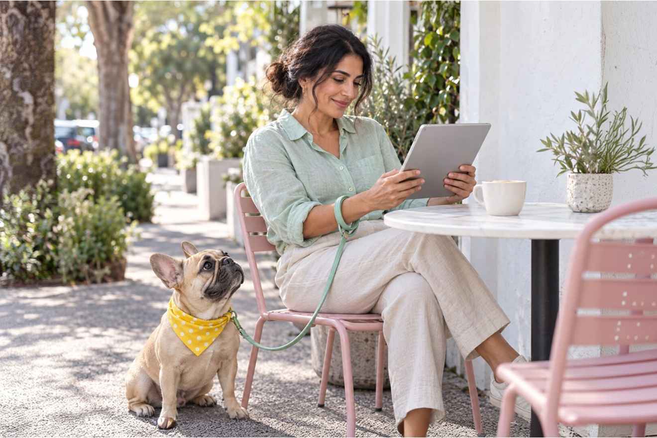 Cat owner using a tablet outdoors