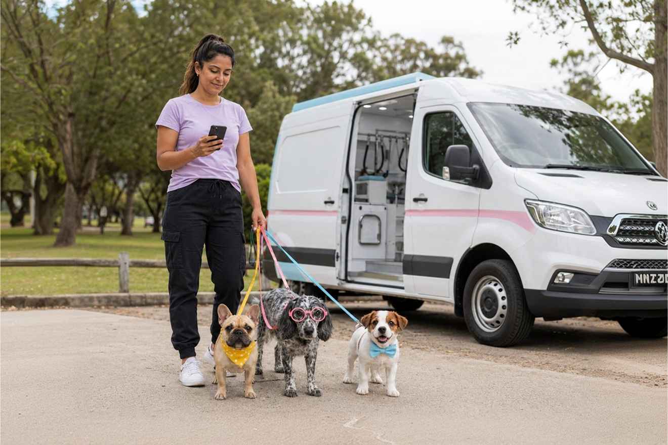 Mobile pet groomer outside a van with three dogs