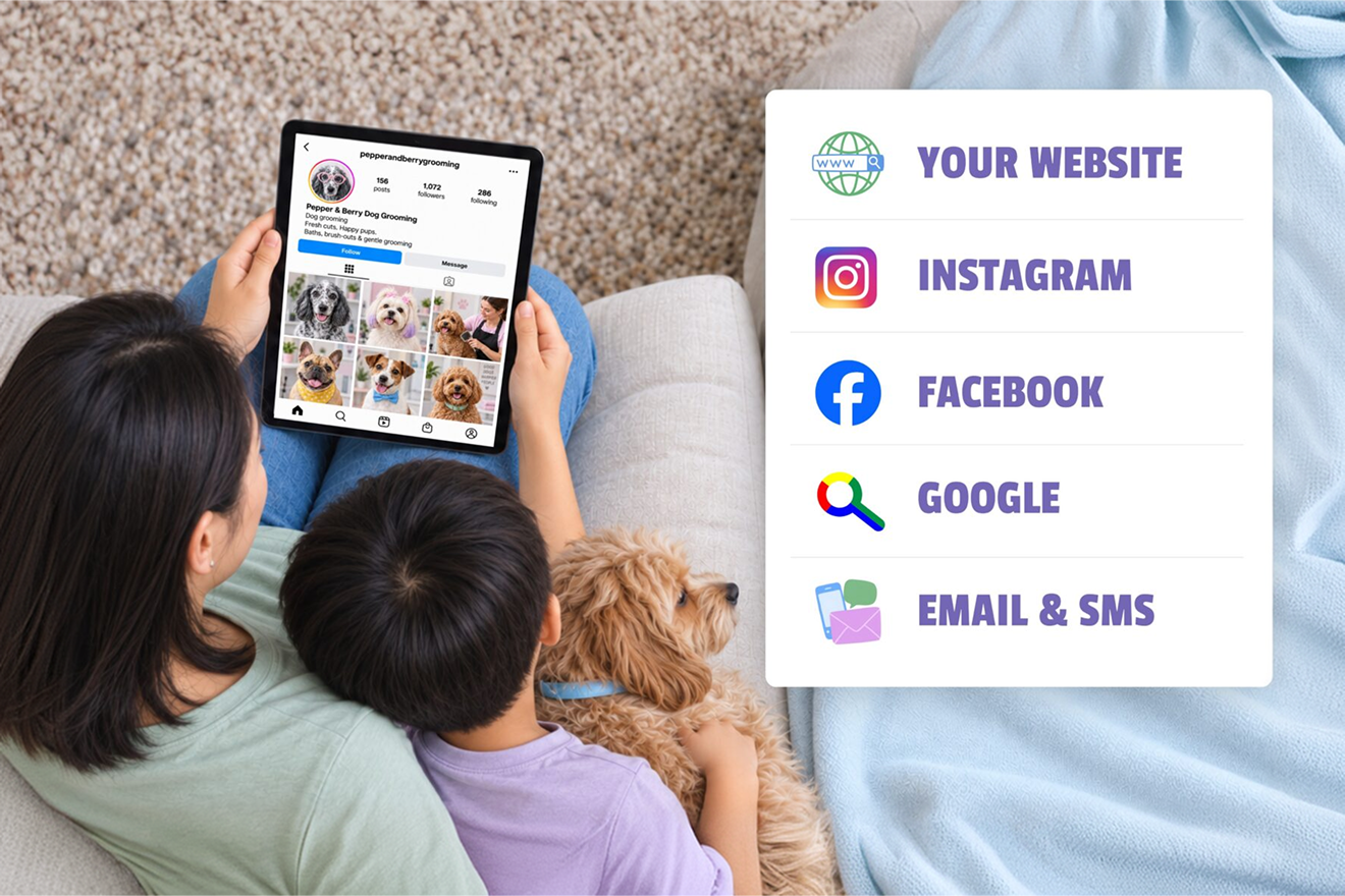 Online pet booking channels shown beside a tablet