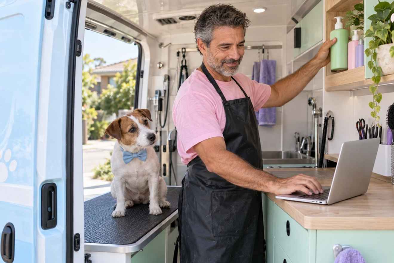 Mobile pet groomer reviewing bookings inside a van