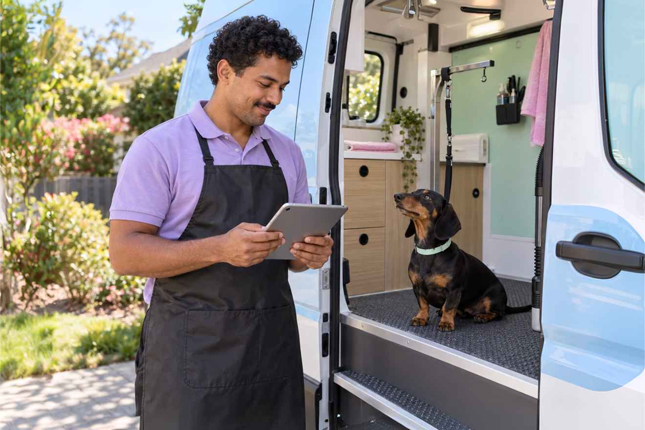 Mobile pet groomer using a phone beside a grooming van