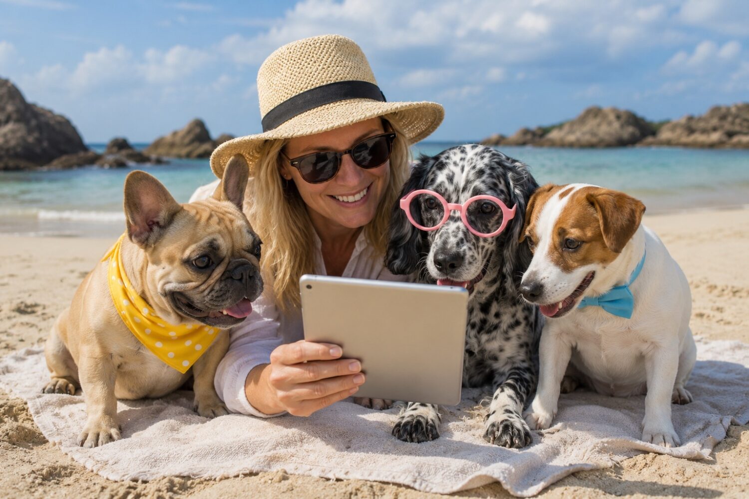 Pet owner using a tablet on a beach beside three dogs