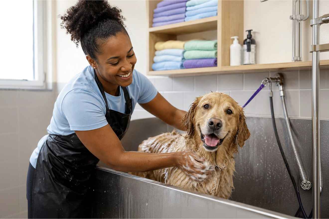 Groomer washing a golden dog