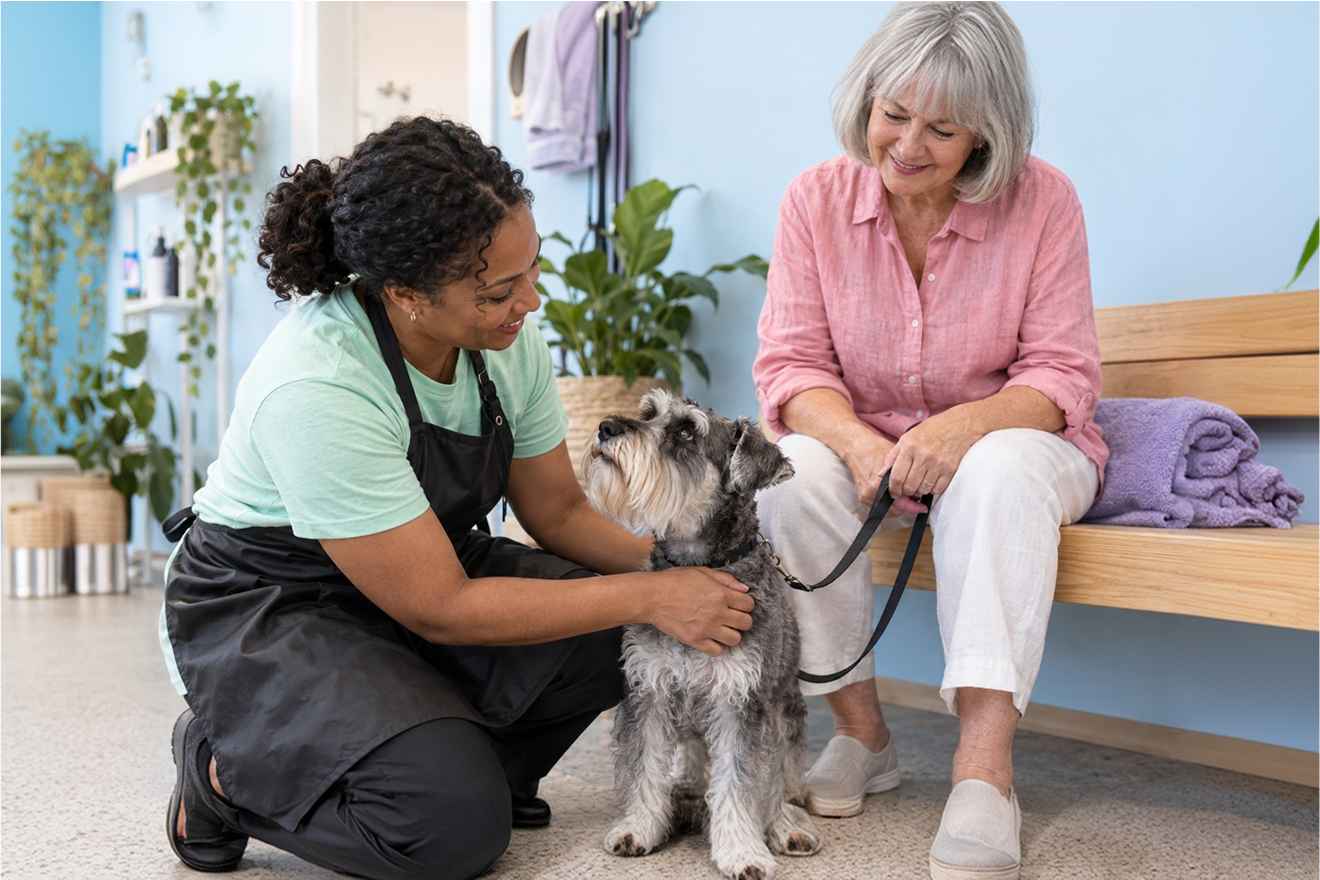 Groomer reviewing a dog's details with its owner